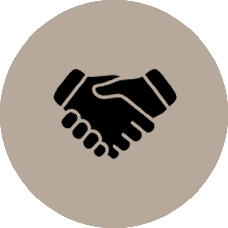 Handshake icon on a beige circle background.